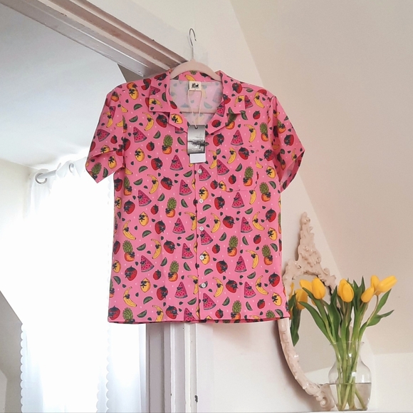 SURFCUZ Hawaiian Shirt Pink Fruit Print Button-Up - Picture 2 of 5